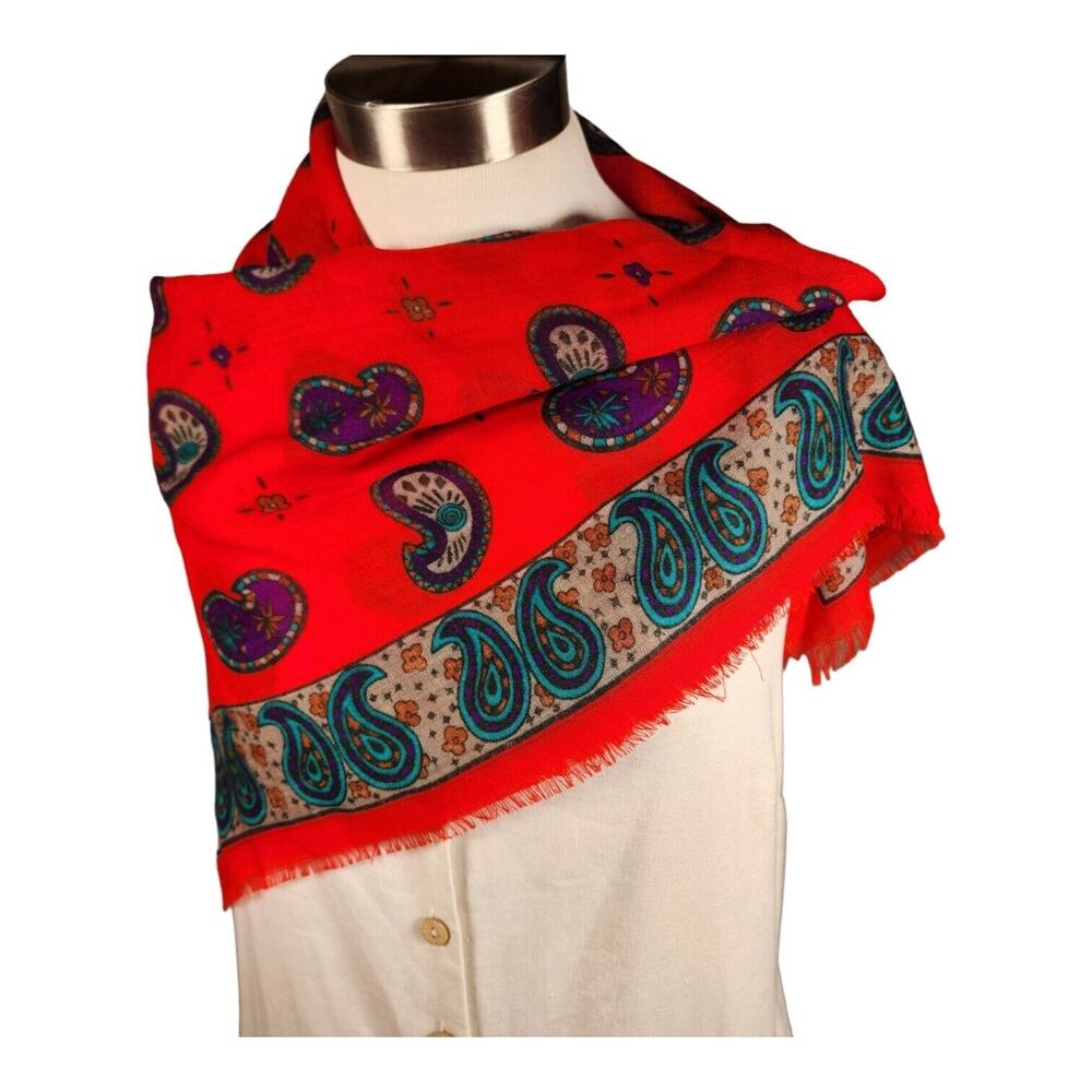 Bright Red 34" Square Womens Scarf With Frayed Edge Purple & Turquoise Paisley